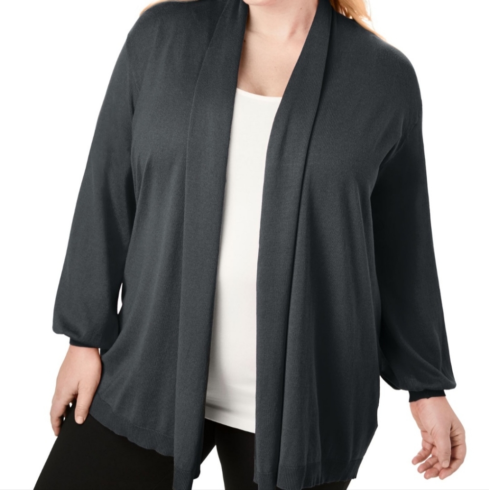 New! Roaman's Black Fine Guage Knit Shawl Collar Open Cardigan Size 3X (30/32).